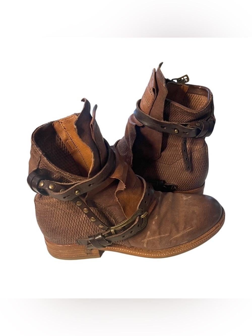 AS 98 Brown Airstep Ankle Boots Straps Side Zip Distressed Made in Italy Size 38
